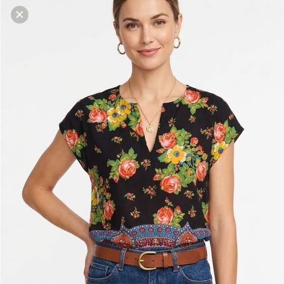 Johnny Was Black & Vibrant Floral V-Neck Blouse - Picture 2 of 8